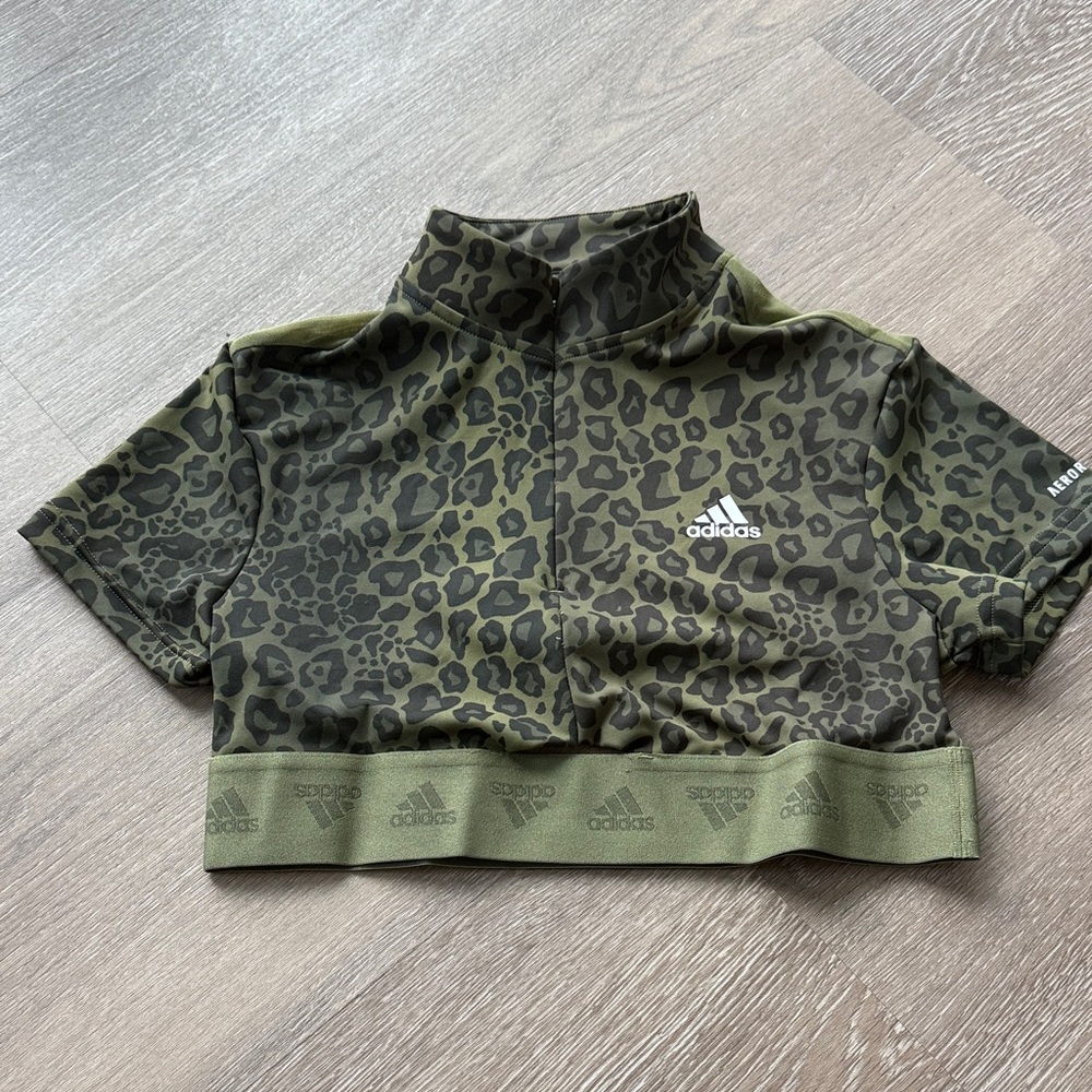 Adidas Olive Leopard Print High-Neck Crop Top